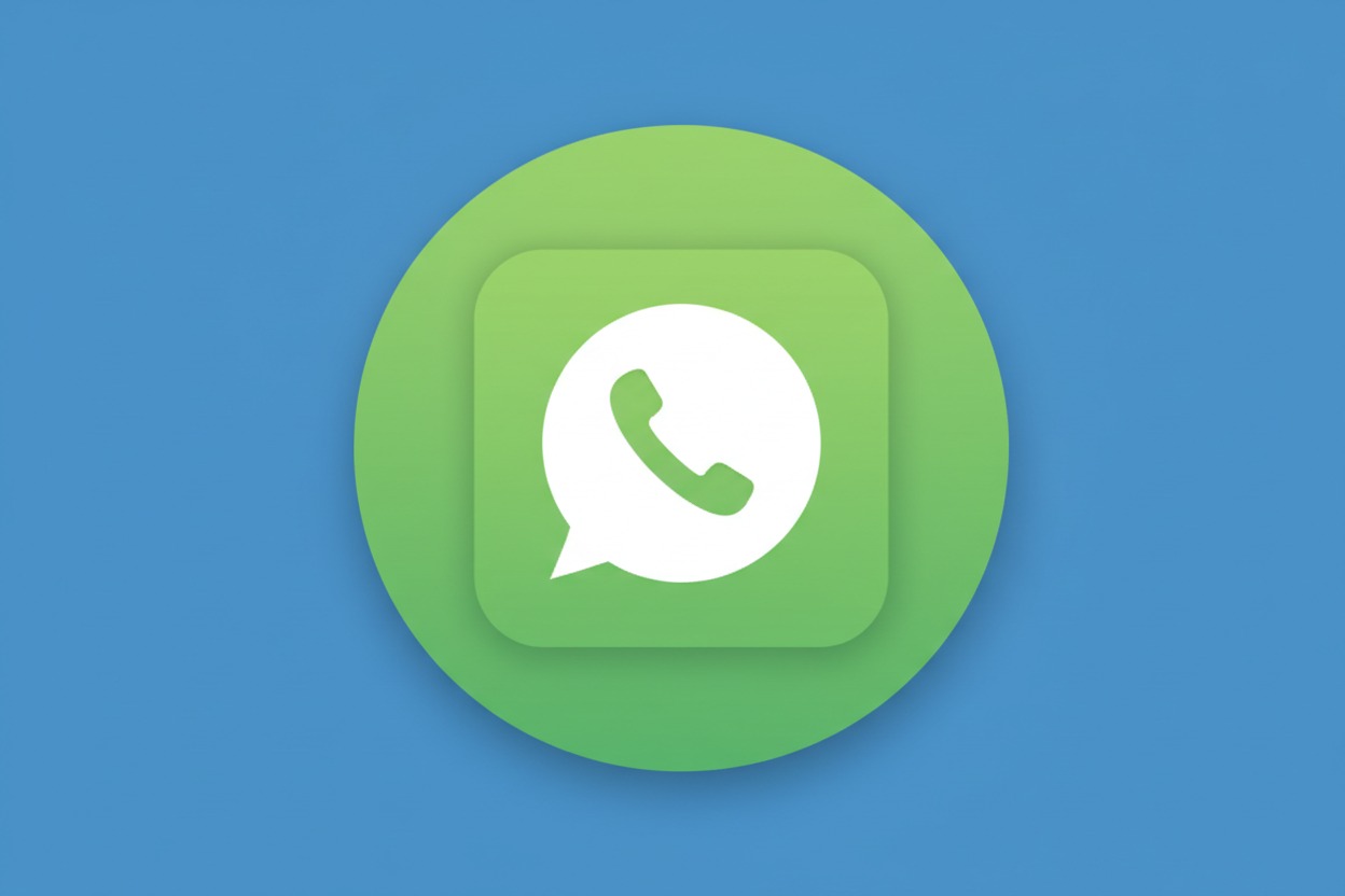 Ícono verde de WhatsApp con un teléfono blanco dentro de un globo de texto, sobre un fondo azul.